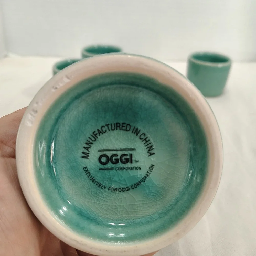 OGGI Sake Set‎ Ceramic Teal Carafe and 4 Cups Japanese Barware Serving